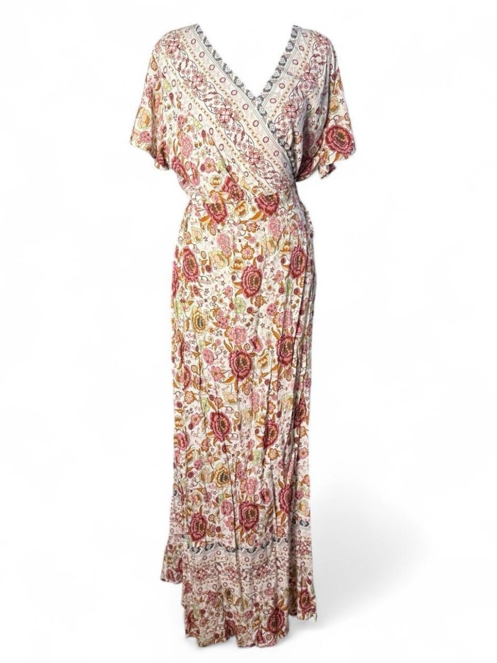 PRETTY GARDEN Floral Maxi Dress Short Sleeve Wrap V-Neck Boho Belted womens XL